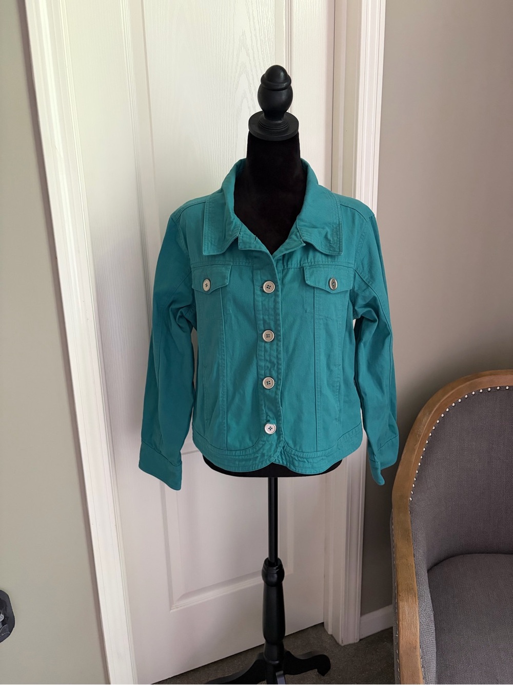 KEREN hart Teal Button-Front Jean Jacket